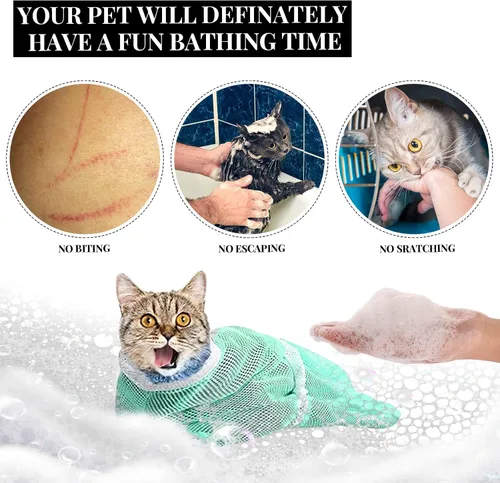 Vista 6 de Bolsa de red de baño y aseo para gatos 2 en 1, ajustable, transpirable para retención e inyección de gatos, toma de medicamentos (verde, gris)