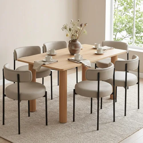 Vista 21 de Juego de 2 sillas de comedor Boucle, sillas de comedor beige con asiento tapizado y respaldo redondo, sillas de cocina modernas de mediados de siglo