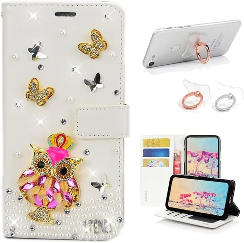 Vista 6 de Bling - Funda tipo cartera compatible con iPod Touch 5 y iPod Touch 6, elegante funda de piel con diseño de estrella y mariposa 3D hecha a mano