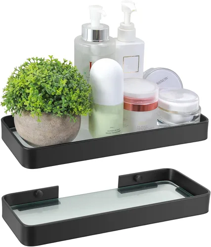 Vista 12 de Z metnal Estantes pequeños de vidrio para baño, estante flotante negro mate, mini organizador de estantes de pared, montado en la pared