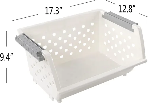 Vista 3 de Bringer Paquete de 4 cestas de almacenamiento apilables de plástico, cesta organizadora apilable de cocina, color blanco Stackable Storage Basket