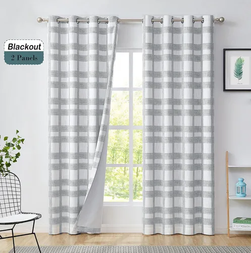 Vista 7 de Central Park Cortina opaca a cuadros blancos y grises para ventana, panel geométrico para dormitorio, sala de estar, con ojales en la parte Gris