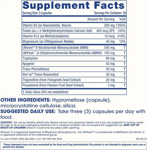 Vista 7 de ProHealth NAD Triple Boost™ con NMN 500 mg y NMNH 100 mg más apigenina y trans-resveratrol. Promueve la longevidad, la salud del corazón