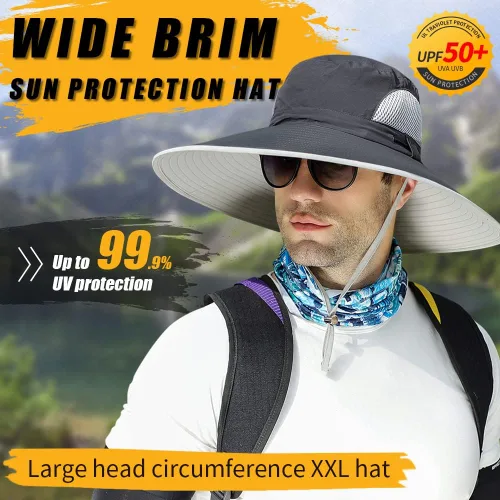 Vista 2 de 【Gran tamaño XXL y ala ancha】 Sombreros de sol para hombre, UPF50+resistente al agua: sombrero de pesca Boonie para senderismo, safari, playa, jardín