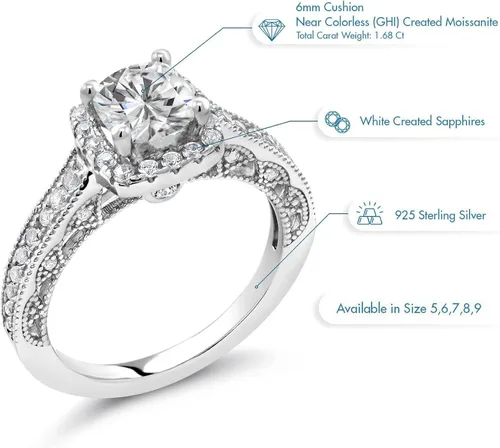 Vista 2 de Anillo de compromiso de mujer de plata de ley 925 Forever Brilliant Created Moissanite de Charles & Colvard y zafiro creado
