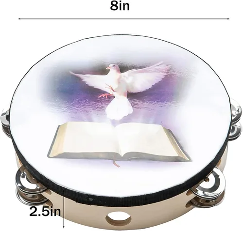 Vista 5 de Musfunny Pandereta de Cascabeles Dove Bible de Doble Fila de 8 Pulgadas para Adultos, Pandereta de Campana de Mano Tambor de Palmadas para Oración