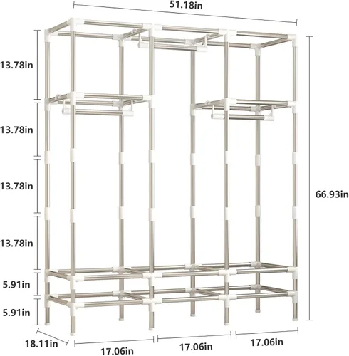 Vista 8 de Armario portátil con 3 cajones y 3 varillas para colgar, armario de tela para colgar ropa, funda gris, para ropa, ropa de cama, 51 pulgadas de ancho
