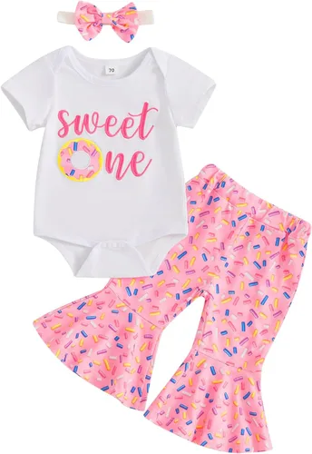 Vista 16 de Conjunto de ropa de cumpleaños para bebé niña pequeña, camiseta de manga larga, pantalones de campana, diadema