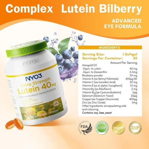 Vista 3 de NYO3 Luteína y zeaxantina de 40 mg con arándano, vitaminas para los ojos y suplemento mineral, multivitaminas para la salud ocular y la visión