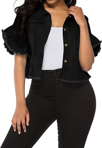 Vista 4 de vunahzma Chaqueta de mezclilla para mujer, con botones, manga desgastada, con volantes, abrigo