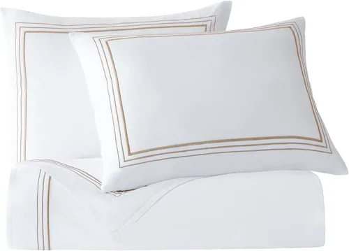 Vista 2 de HiEnd Accents - Juego de funda de edredón de 3 piezas, tamaño King, color blanco con bordado dorado, ropa de cama de algodón de lujo