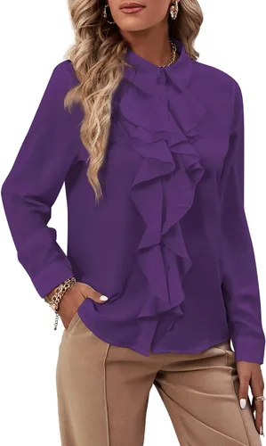 Vista 12 de LYANER - Blusa de manga larga con cuello de botón y volantes en la parte delantera para mujer
