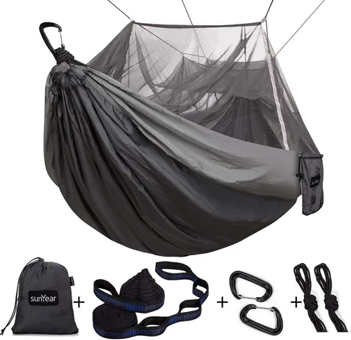 Vista 10 de Sunyear Hamaca de Camping, Hamaca Portátil Individual y Doble con Red, Tienda de Hamaca para 2 Personas con 2 Correas de 3 metros, Ideal para A