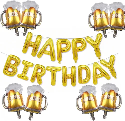 Vista 9 de ZHENGYE Kit de decoración de cumpleaños con temática de cerveza negra y dorada, globos de papel de aluminio de cerveza, guirnalda de pancarta