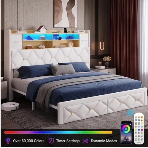 Vista 3 de YITAHOME Cama tapizada de terciopelo blanco tamaño King con carga