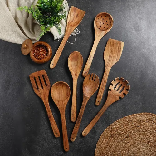 Vista 3 de Juego de 8 utensilios de cocina de madera de acacia, espátula de madera de 12 pulgadas de largo para cocinar, cucharas de madera antiadherentes