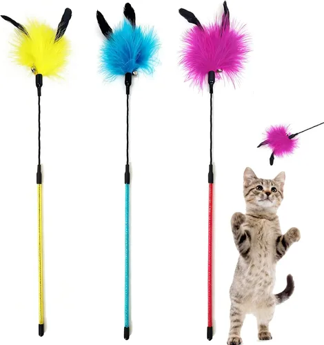 Vista 7 de Juguetes de varita para gatos, 3 varitas interactivas de plumas coloridas para gatos