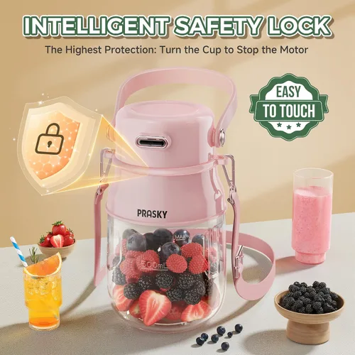 Vista 2 de Licuadora Portátil, Licuadoras Personales Prasky para Batidos y Smoothies con Taza de 27 onzas, Tapa y Correa para el Hombro, Recargable por USB