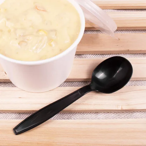 Vista 5 de Karat [5.6 pulgadas - 1000 piezas] Cuchara de sopa desechable de plástico de peso pesado envuelta individualmente negra (U3532B)