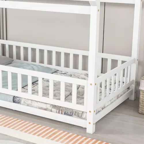 Vista 5 de LLS Base de cama individual con techo, cama Montessori de madera con valla, cama de casa para dormitorio de niños y niñas, blanco, blanco + pino