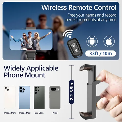 Vista 3 de EMART Trípode de teléfono de 63 pulgadas para iPhone y selfie, soporte de trípode ajustable para teléfono celular con control remoto y soporte
