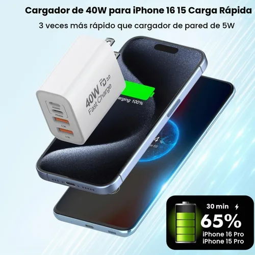 Vista 2 de Bloque de cargador de 40 W para iPhone 16 y 15, paquete de 2 cubos de carga rápida, 4 puertos USB tipo C de carga de pared PD&QC, adaptador de Apple