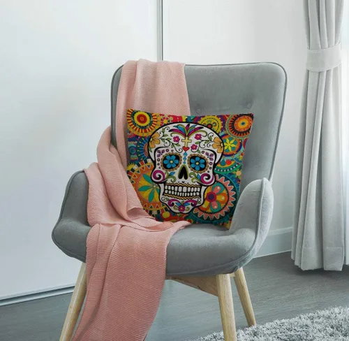Vista 4 de SSOIU Fundas de almohada de lino y algodón con diseño de calavera de azúcar para exteriores, fundas de cojín cuadradas estándar para sofá o cama, 18