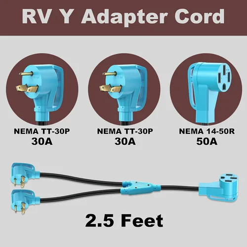 Vista 2 de CircleCord Cable Adaptador en Y para RV con Certificación ETL, Dos de 30 Amperios a 50 Amperios, Enchufe Macho NEMA TT-30P a Hembra 14-50R con Mango