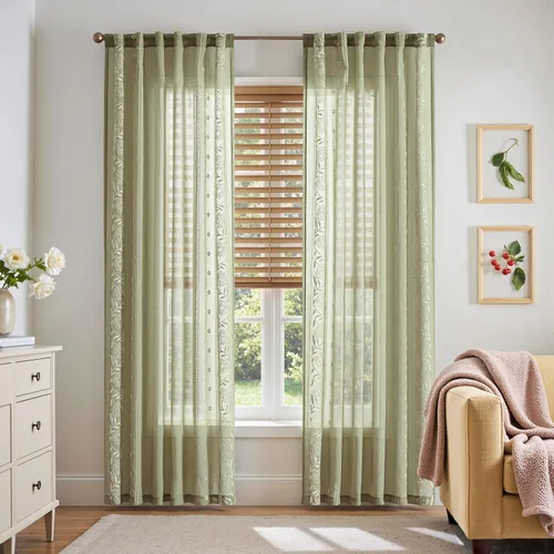 Vista 11 de jinchan Cortinas de lino floral marfil para sala de estar 84" pestaña