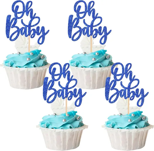 Vista 15 de 24 piezas Oh Baby Cupcake Toppers Glitter Baby Shower Cupcake Picks Reveal Género Decoración de Pasteles para Baby Shower Niños Niñas Fiesta de Azul