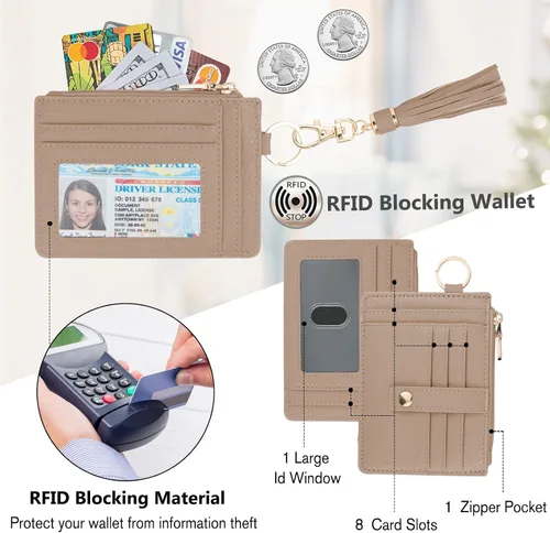 Vista 5 de KNGITRYI Billetera con llavero y brazalete para mujer, delgada, protección frente a identificación por radiofrecuencia, ranuras para tarjetas