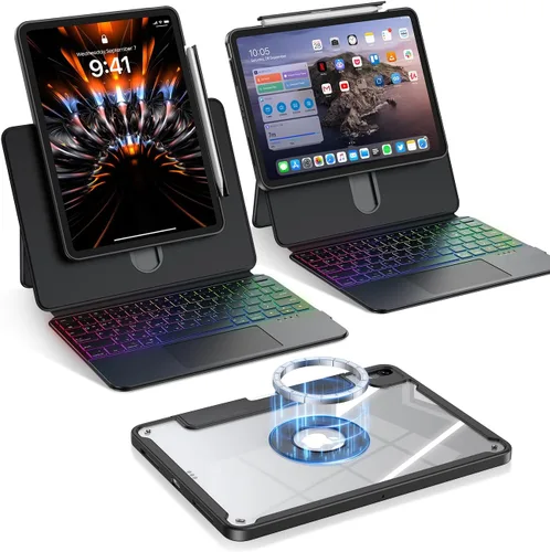 Vista 16 de Funda magnética transparente con teclado para iPad Air de 11 pulgadas (M3/M2) y Pro de 11 pulgadas, 4ª 3ª 2ª 1ª generación, retroiluminación de 7