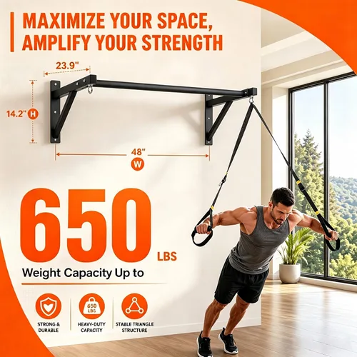 Vista 2 de Wall Mounted Pull Up Bar, 650LB Heavy Duty Multi Grip