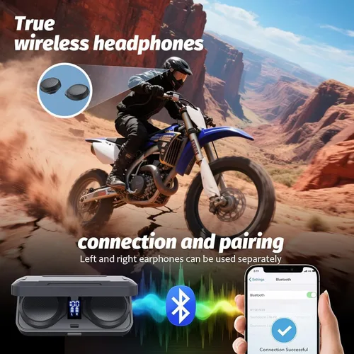 Vista 2 de Auriculares Bluetooth para motocicleta con estuche de carga, altavoz Bluetooth para casco con micrófonos y control remoto, batería de 1900 mAh, 50