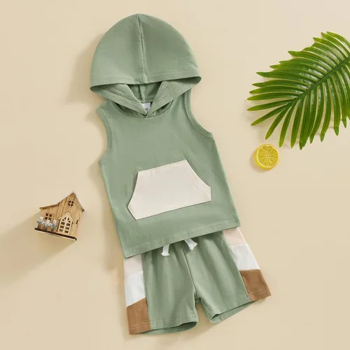 Vista 3 de Lucikamy Ropa de bebé niño sin mangas + pantalones cortos con estampado a rayas con bolsillos, 2 piezas de trajes de verano