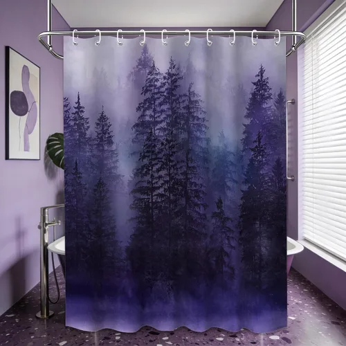 Vista 22 de Cortina de ducha estrecha para hombre, diseño de bosque negro y gris, para casa rodante, juego de decoración de baño, tela impermeable con ganchos