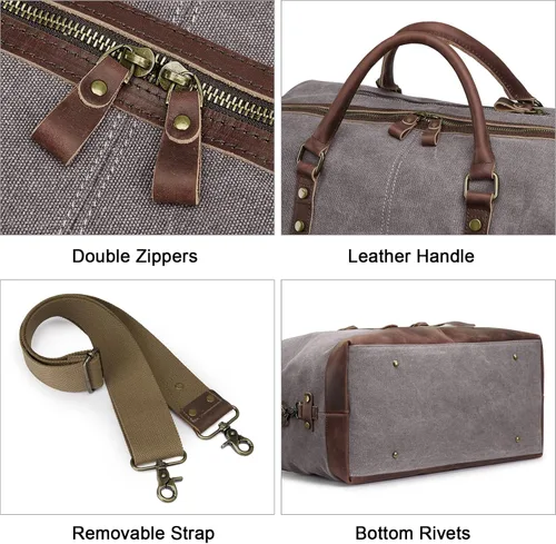 Vista 24 de S-ZONE - Bolsa de viaje de lona sobredimensionada con adornos de cuero genuino, bolsa deportiva de hombro de fin de semana, bolso de fin de semana
