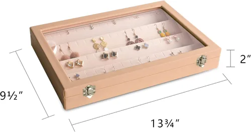 Vista 2 de Bandeja organizadora de pendientes con tapa transparente inserto de cajón de poliuretano 64 ranuras caja de almacenamiento grande con tapa de vidrio