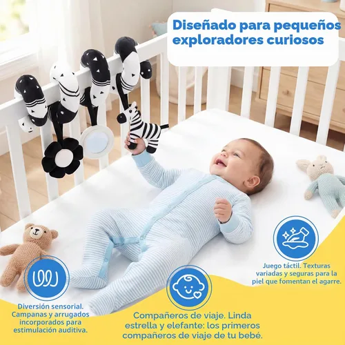 Vista 6 de URMYWO Juguetes de asiento de coche en espiral para bebés de 0 a 6 meses Blanco y negro