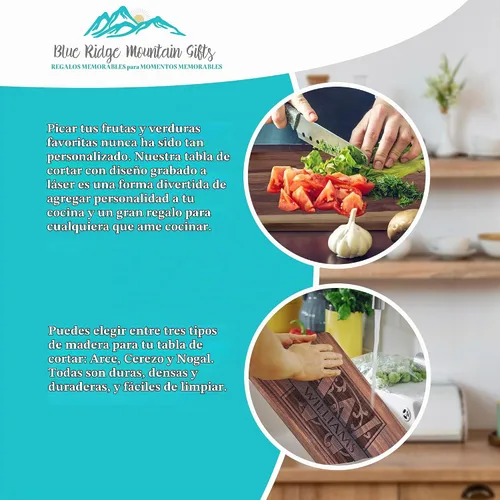 Vista 7 de Blue Ridge Mountain Gifts Tabla de cortar personalizada para boda o aniversario, tabla de madera grabada con láser, bandeja de comida personalizada