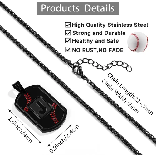 Vista 6 de Fervia Graduation Gifts - Baseball Initial Necklace for Men Dog Tag Stainless Steel Letter Pendant Sport Baseball Athletes Jewelry Christmas