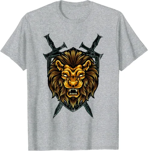 Vista 34 de Camiseta con diseño de caballero medieval renacentista, con diseño de espada de león, Negro, S