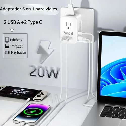 Vista 3 de Adaptador de enchufe de viaje europeo 6 en 1, convertidor de voltaje de 220 V a 110 V, adaptador de viaje de EE. UU. a Europa, adaptador