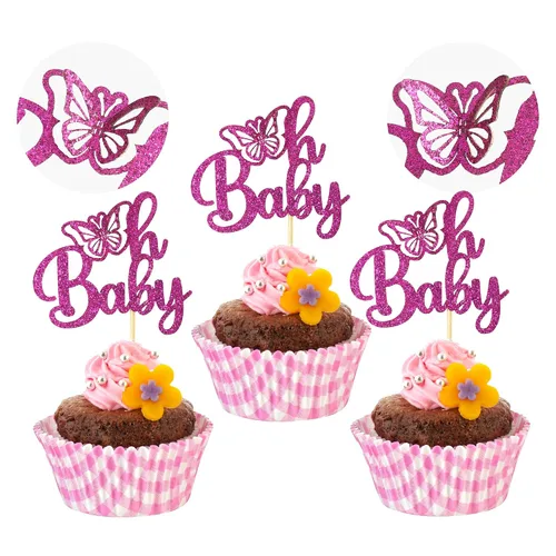 Vista 9 de Gyufise 24 piezas de decoración de mariposa rosa claro con purpurina Oh Baby Butterfly - Decoración de mariposa para baby shower Girl - Suministros