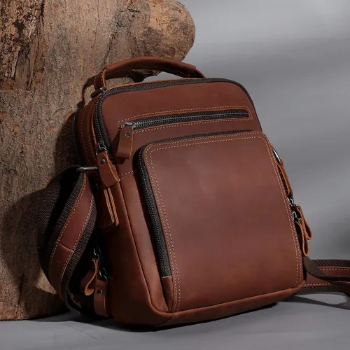 Vista 6 de Bolso bandolera pequeño de cuero genuino para hombre, bolso cruzado de hombro vintage para trabajo, viajes de negocios