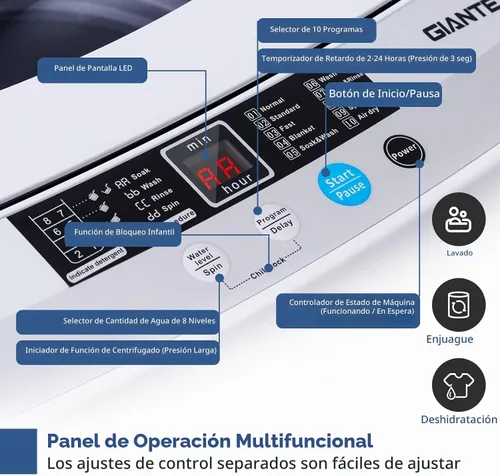 Vista 4 de RELAX4LIFE Lavadora completamente automática, lavadora compacta de 12 libras de capacidad con 10 programas, 8 niveles de agua, pantalla LED y bomba