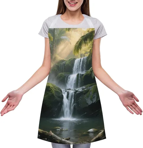 Vista 3 de MUSM Apron for Adults - 27.6 X 31.5 Inch, Heavy-Duty Polyester Aprons with Two Large Pockets, Waterproof Forest Waterfall Kitchen Apron for Cooking
