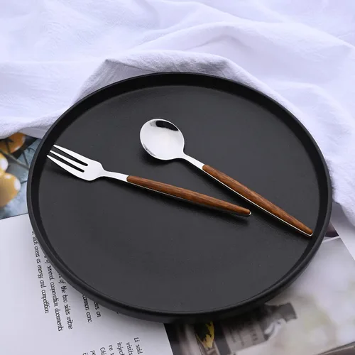 Vista 7 de Juego de cubiertos de acero inoxidable con mango de efecto de madera Cubiertos pulidos con espejo plateado, utensilios de cocina para el hogar