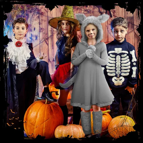 Vista 4 de Bonuci Disfraz de lobo de Halloween de 3 piezas para niñas, vestido de hombre lobo con cola, guantes de pata de lobo, calentadores de piernas
