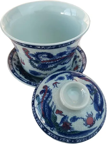 Vista 4 de Gaiwan - Juego de té de porcelana con diseño de panoya chino (4.7 fl oz, diseño de dragón y fénix)